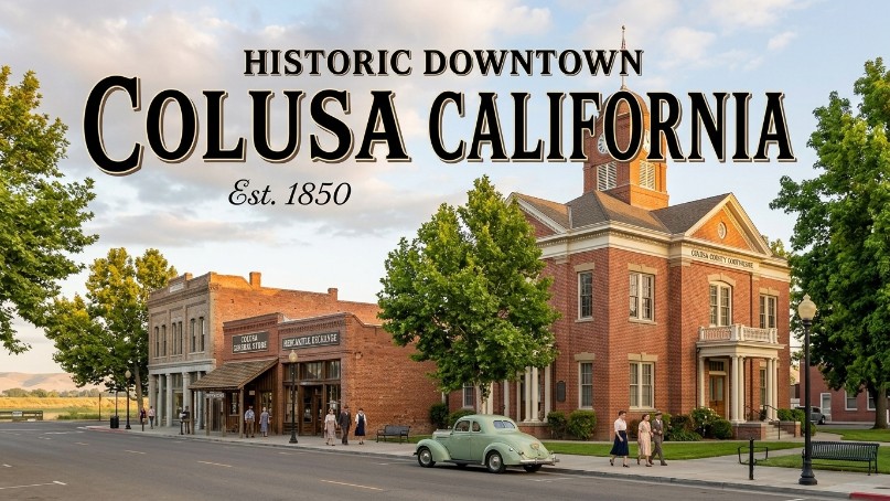 Historic downtown Colusa California courthouse and street view